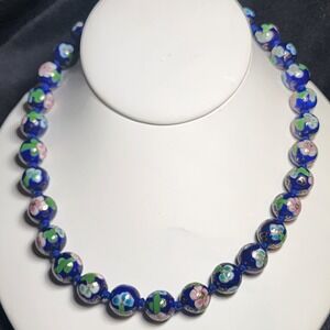 VTG Chinese Export Cloisonne Colbalt Blue  Beaded  Knotted Necklace 24"